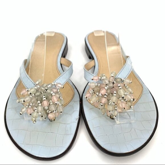 Talbots womens sandals size 5 blue leather tortoise embossed beaded flop flops - Picture 3 of 12